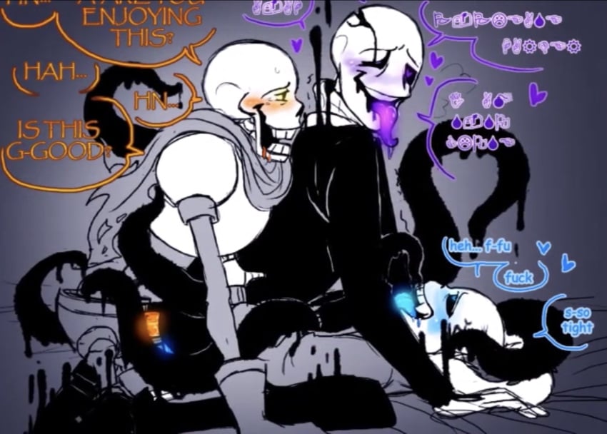 3boys blue_tongue blush double_penetration drooling english_text gaster gay male male_only papyrus penetration purple_tongue sans slime slimy_tentacles tentacle text threesome tongue_out undertale wingdings yaoi