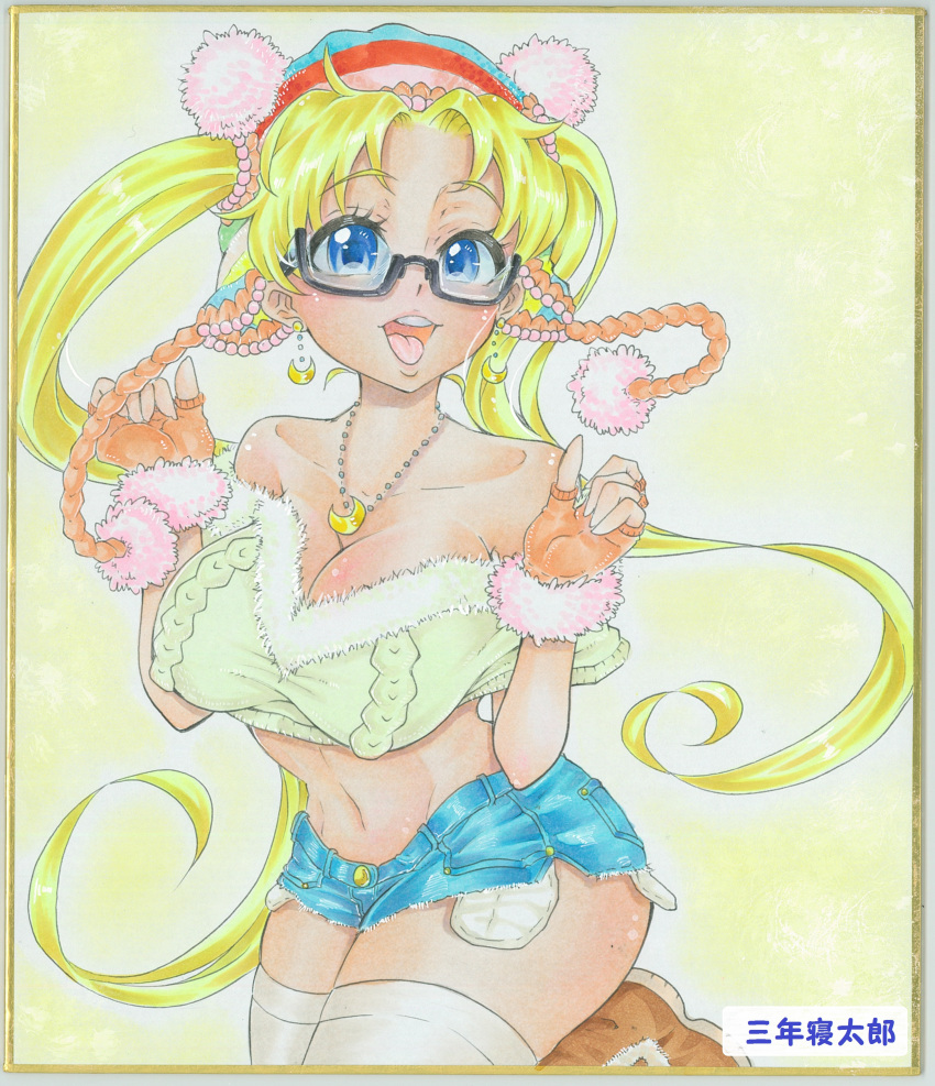 1girls bare_midriff bare_shoulders big_breasts bishoujo_senshi_sailor_moon blush breasts bursting_breasts busty cleavage clothing crop_top earrings erect_nipples fashion female female_focus female_only glasses hourglass_figure large_breasts navel nipple_bulge pinup pinup_pose pose posing sannen_netarou short_shorts shorts skimpy skimpy_clothes solo stockings tagme thighhighs tongue tongue_out usagi_tsukino wide_hips