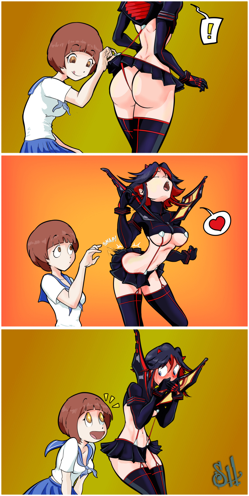 2girls busty comic female female_focus female_only female_protagonist hourglass_figure kill_la_kill mankanshoku_mako matoi_ryuuko moaning multiple_girls school_uniform schoolgirl sealedhelm skimpy skimpy_clothes studio_trigger underboob wedgie wide_hips yuri