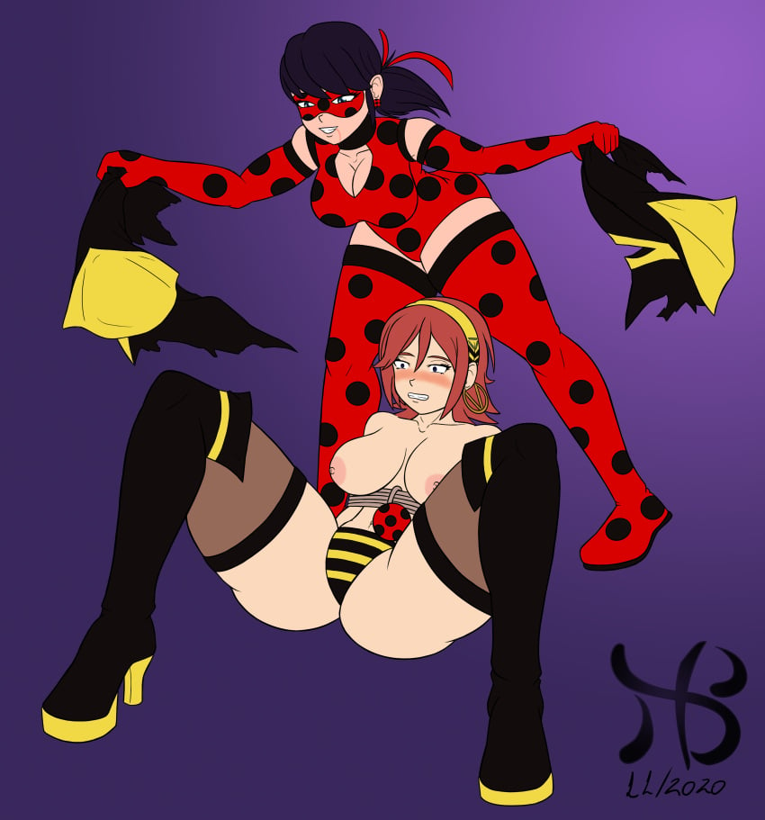 2girls bee big_breasts colored female forced_exposure headband hiasto hiastobasement_(artist) high_heel_boots high_heels ladybug_(character) marinette_cheng marinette_dupain-cheng miraculous_ladybug multiple_girls no_bra panties photoshop queen_bee ripped_clothes ripped_clothing striped_panties tagme