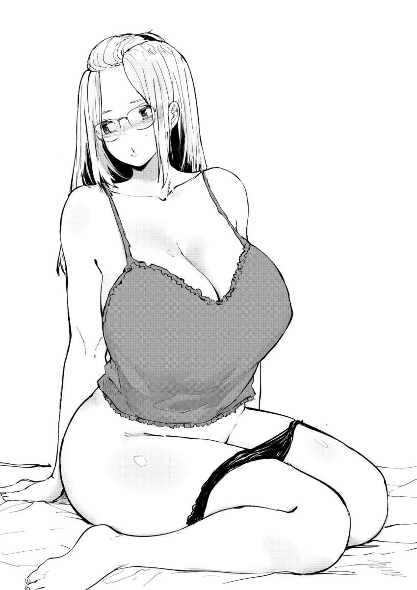 :3 barefoot big_breasts black_panties blush glasses huge_breasts inne_sulistya_robin mature_female monochrome norman_maggot original