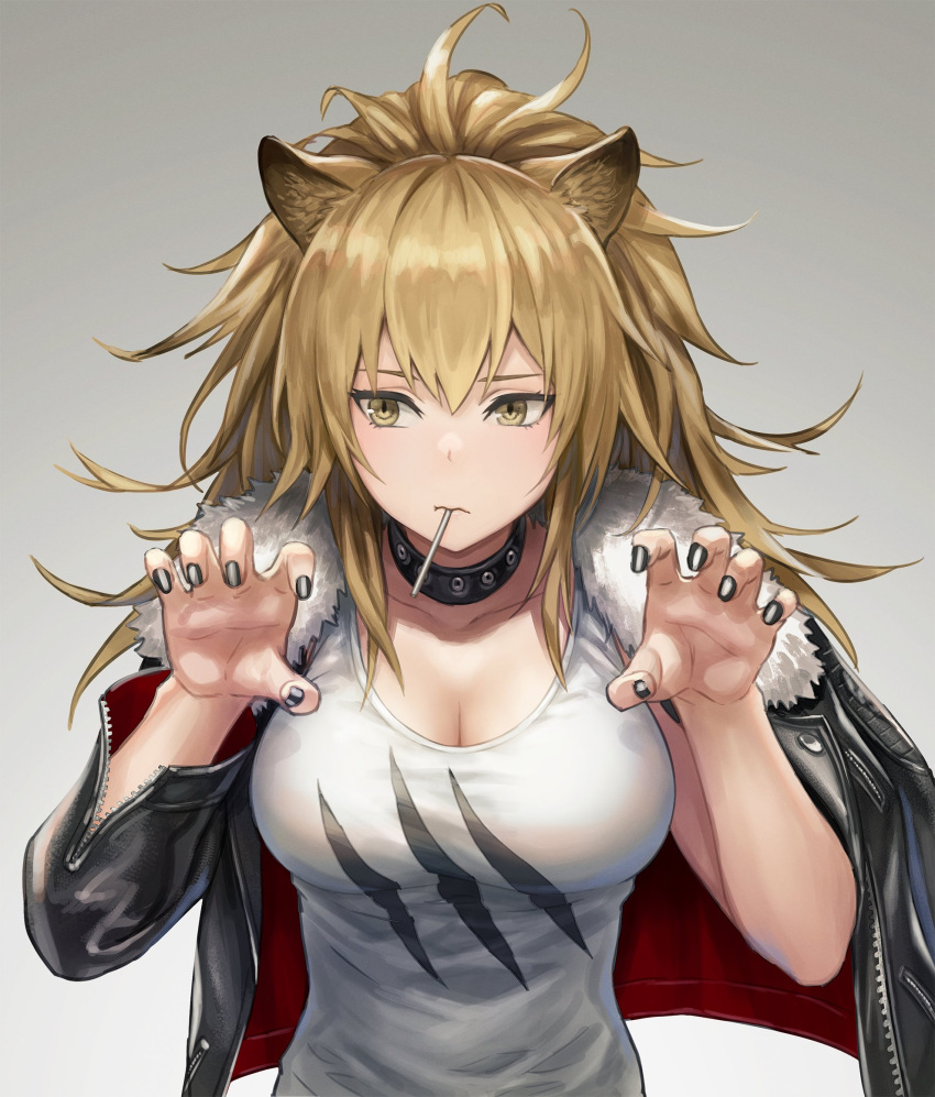 1girls anbe_yoshirou animal_ears arknights big_breasts black_nail_polish black_nails blonde_hair female lion_ears lion_girl painted_nails siege_(arknights) tagme tank_top y_ambe