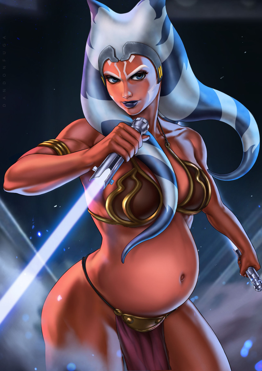 1girls absurd_res ahsoka_tano areolae big_belly big_breasts blue_eyes blue_lightsaber breasts clone_wars dandon_fuga edit female female_only lightsaber looking_at_viewer orange_skin partially_clothed pregnant pregnant_alien ready_to_pop slave_ahsoka slave_bikini star_wars the_clone_wars:_season_seven togruta