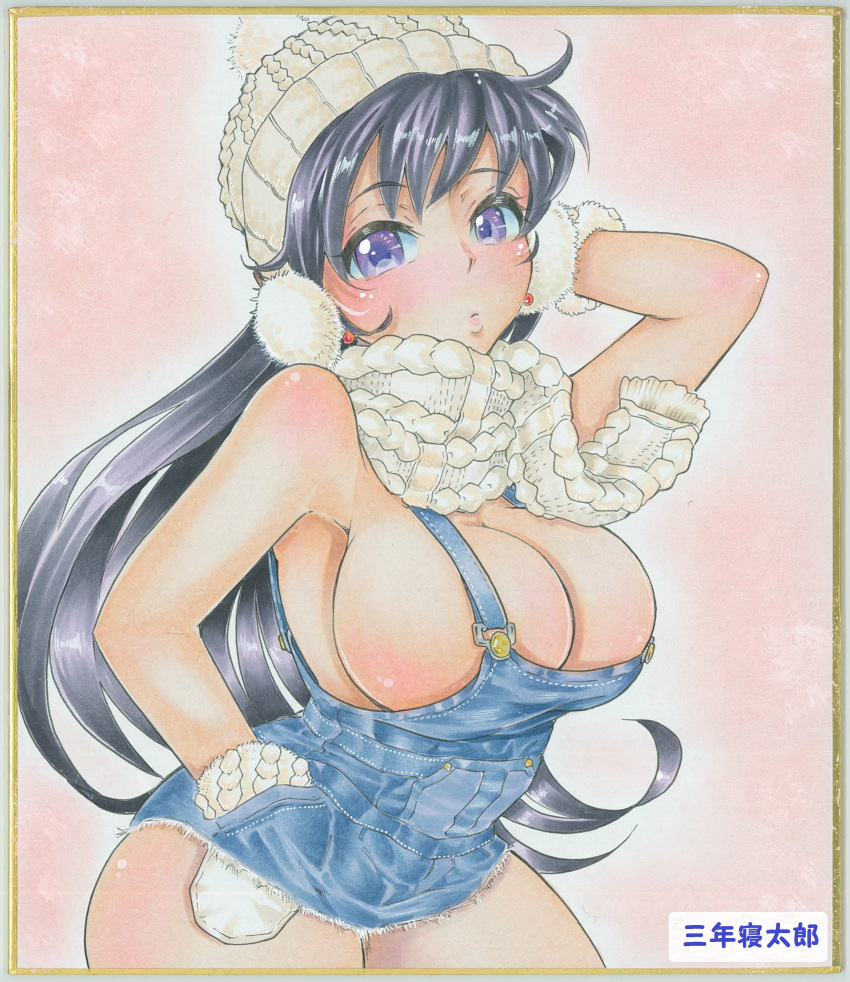 1girls beanie big_breasts bishoujo_senshi_sailor_moon black_hair blush breasts bursting_breasts busty cleavage clothing fashion female female_only hourglass_figure large_breasts long_hair overalls pinup pinup_pose pose posing purple_eyes rei_hino sannen_netarou scar sideboob skimpy skimpy_clothes solo tagme wide_hips