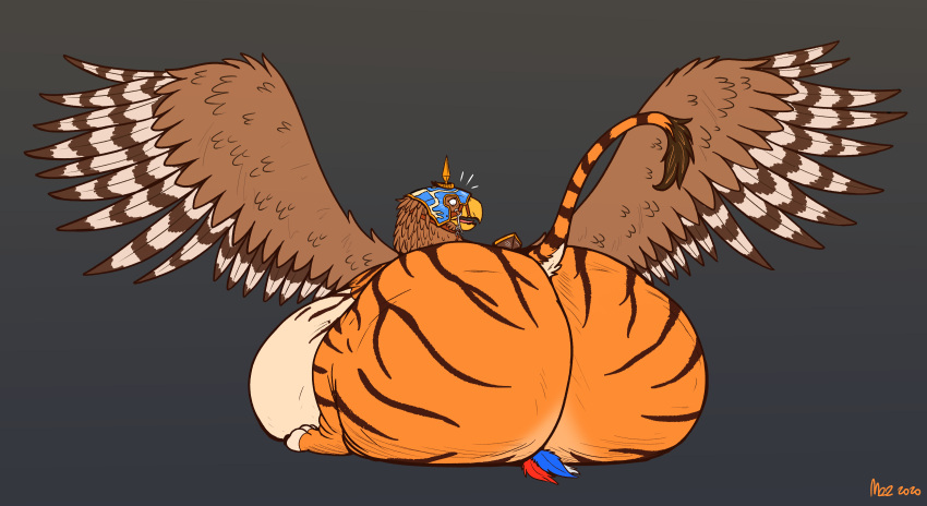 absurd_res armor ass avian barefoot beak belly big_belly big_butt claws deathclaw_(warhammer_fantasy) feathered_wings feathers feet feral fur gryphon headgear helmet hi_res hindpaw huge_butt hybrid male mythological_avian mythology open_mouth orange_body overweight overweight_feral overweight_male paws simple_background sitting solo striped_body striped_fur stripes thatgryphonguy thatgryphonguy thick_thighs warhammer_(franchise) warhammer_fantasy wings yellow_eyes