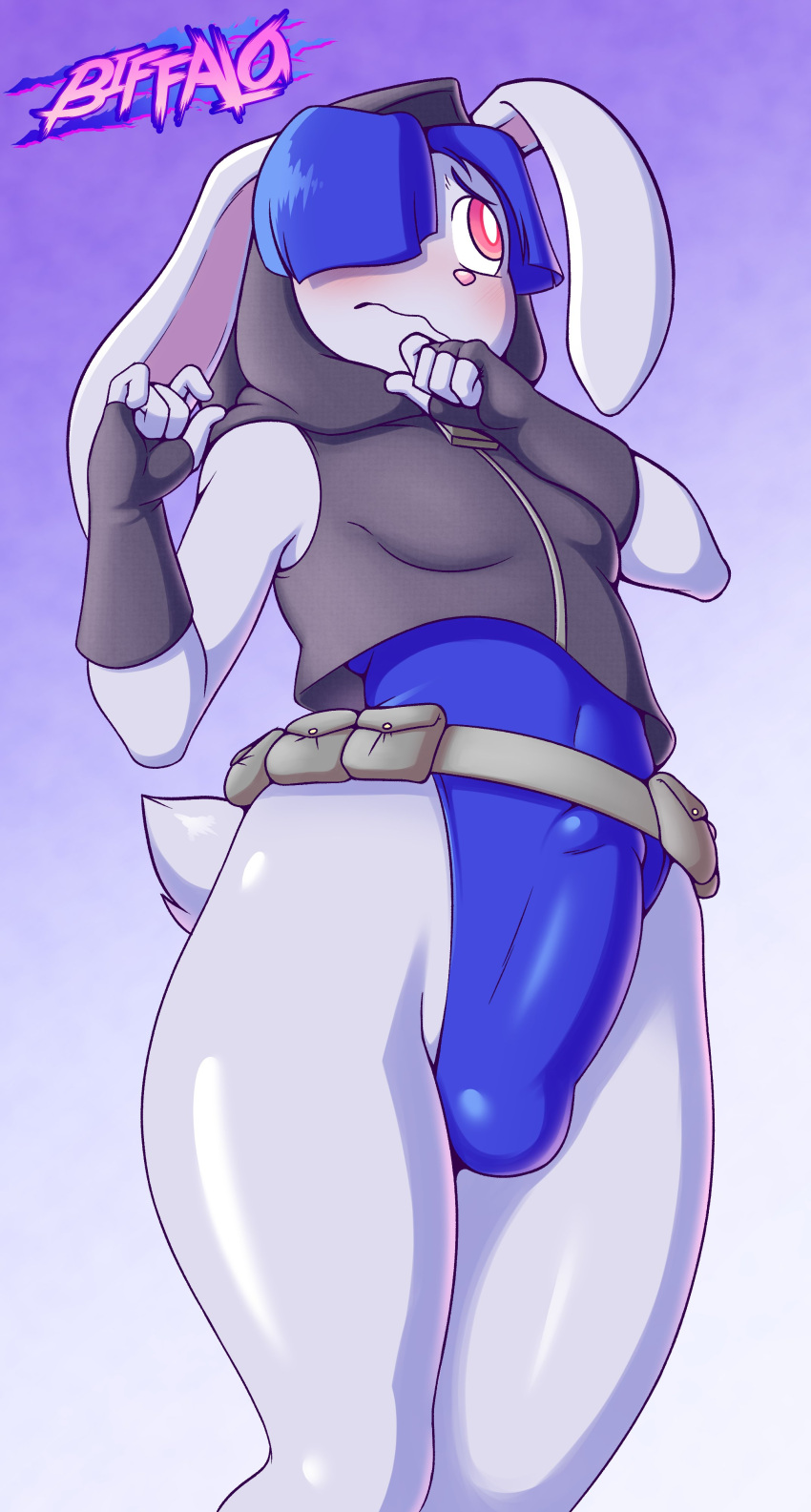 1boy 2021 2d 2d_(artwork) absurd_res anthro artist_name biffalo blush bulge erection_under_clothes femboy fingerless_gloves girly hair_over_one_eye hoodie leotard male male_only nervous ninja original rabbit shy skimpy_armor solo