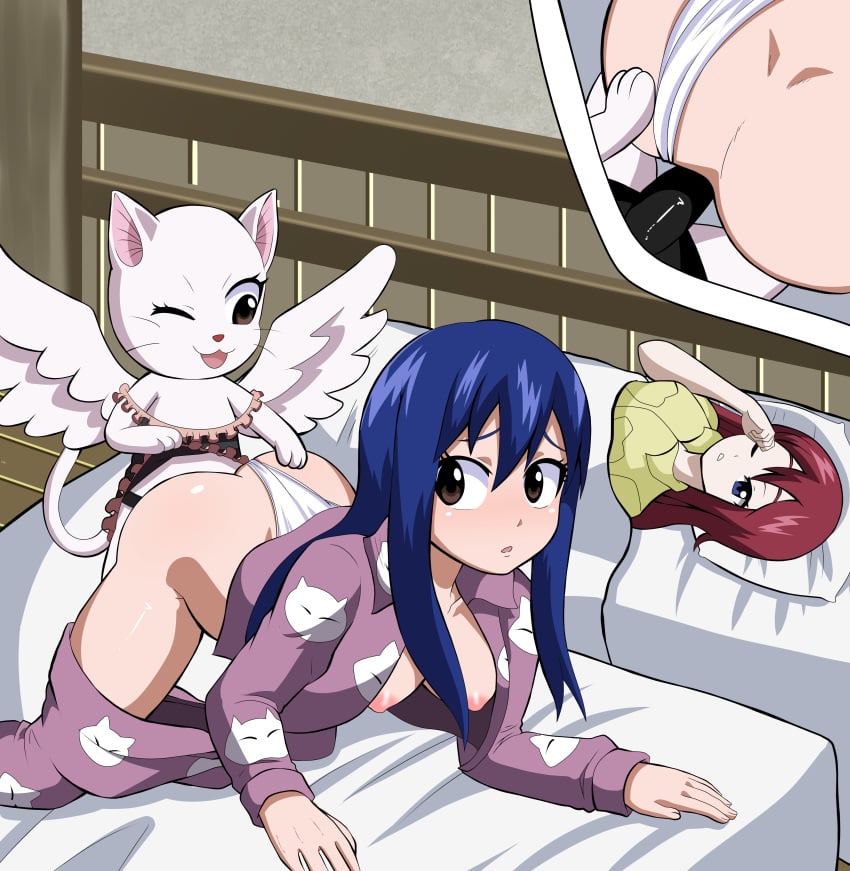 all_fours anal anal_sex anus blue_hair brown_eyes cat_ears cat_tail charle_(fairy_tail) chelia_blendy doggy_style exceed fairy_tail feline female female_only feral feral_on_human fur furry kemono loquillo multiple_girls pink_hair strap-on wendy_marvell white_fur yuri