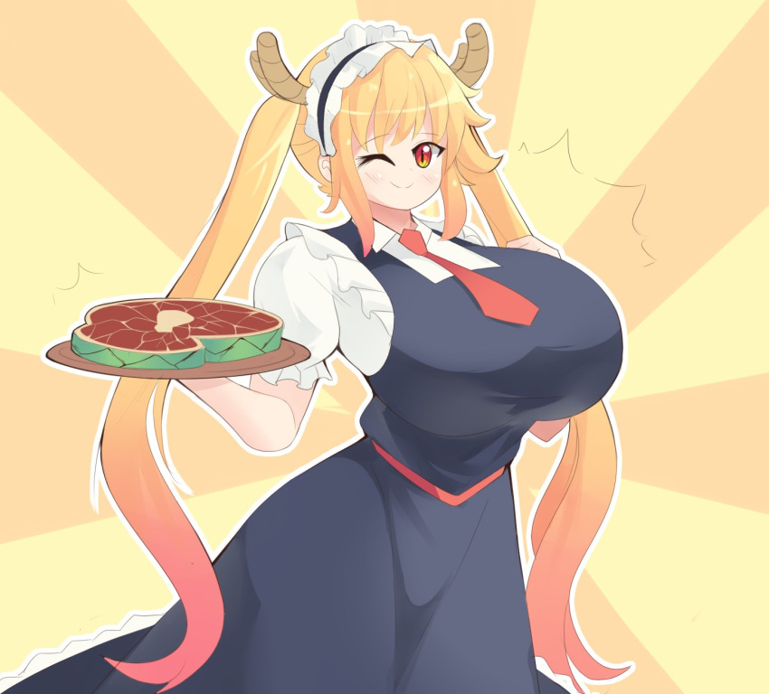 1girls big_breasts blonde_hair busty ch3rrycupcakes cute dragon_maid female_only food happy horns huge_breasts large_breasts maid_headdress maid_outfit maid_uniform miss_kobayashi's_dragon_maid one_eye_closed smile solo solo_female tohru_(dragon_maid) voluptuous wink