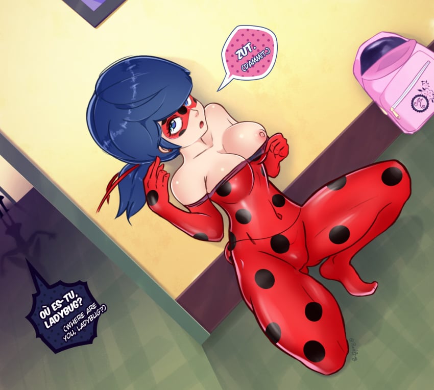 1girls bed bent_over big_breasts blue_eyes blue_hair blush bodysuit breasts cameltoe dialogue dialogue_box female_focus ladybug_(character) marinette_cheng marinette_dupain-cheng miraculous_ladybug nipple_slip nipples redbug see-through solo_female tagme underboob upskirt