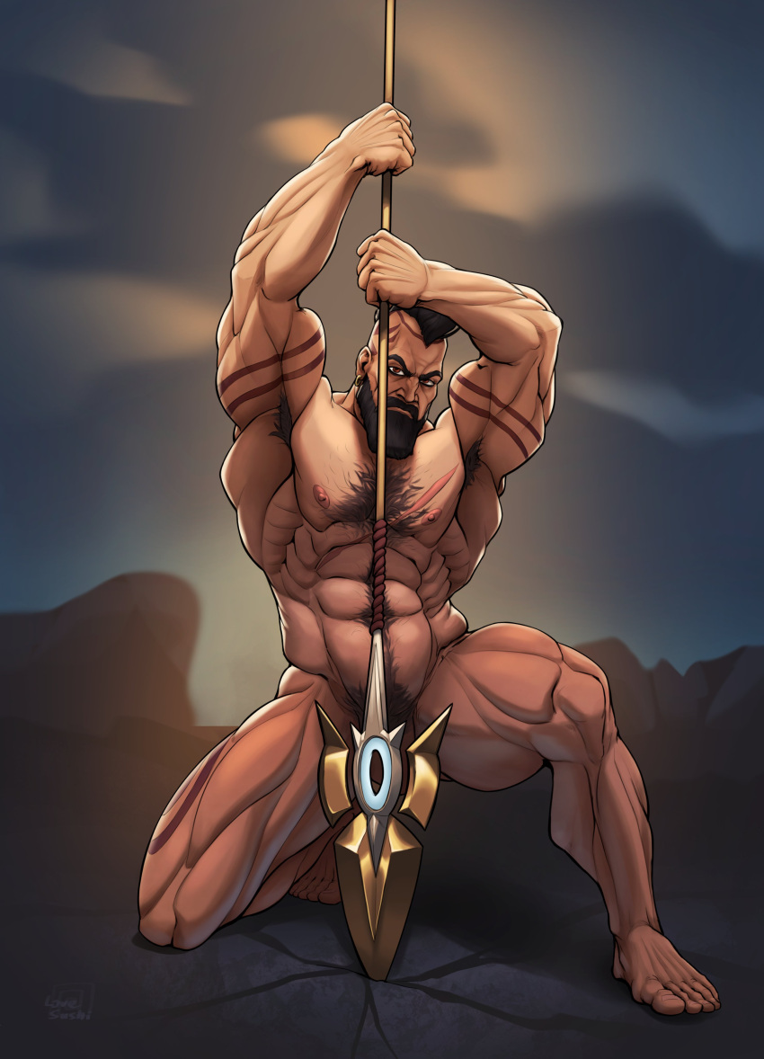 abs armpit_hair atreus_(league_of_legends) bara beard biceps hairy_chest ilovefsushi league_of_legends love_sushi male male_nipples male_only male_pubic_hair muscular_male nipples pantheon pecs riot_games tattoos