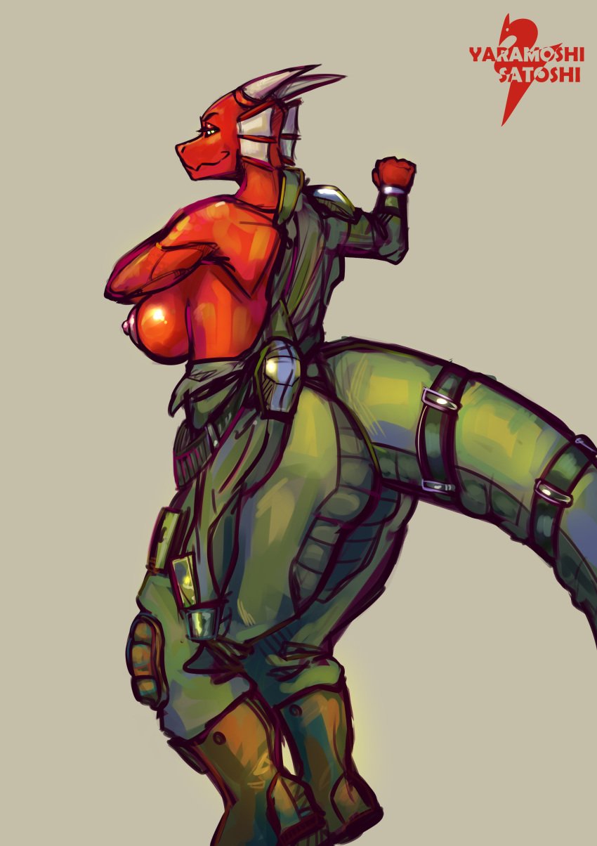 2024 absurd_res accessory anthro armored_core_(series) ass belt belt_buckle big_breasts big_butt bodysuit boots breasts buckle clothed clothing digital_drawing_(artwork) digital_media_(artwork) digital_painting_(artwork) digitigrade fat_ass fat_butt female flight_suit footwear frill_(anatomy) furgonomics green_bodysuit green_clothing green_skinsuit half_naked hi_res horn jumpsuit lizard looking_at_viewer nipples non-mammal_breasts pilot pilot_suit putting_on_clothes raised_arm red_body red_scales reptile scales scalie shoes skinsuit smile smiling_at_viewer smirk smirking_at_viewer smug smug_face snout solo tail tail_accessory tail_belt thick_tail tight_clothing xil-bar yaramoshi_satoshi