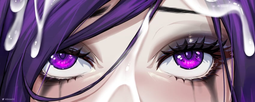 allen_skies artist_name cum cum_on_hair eye_focus facial female highres league_of_legends morgana mouth_out_of_frame purple_eyes runny_makeup solo