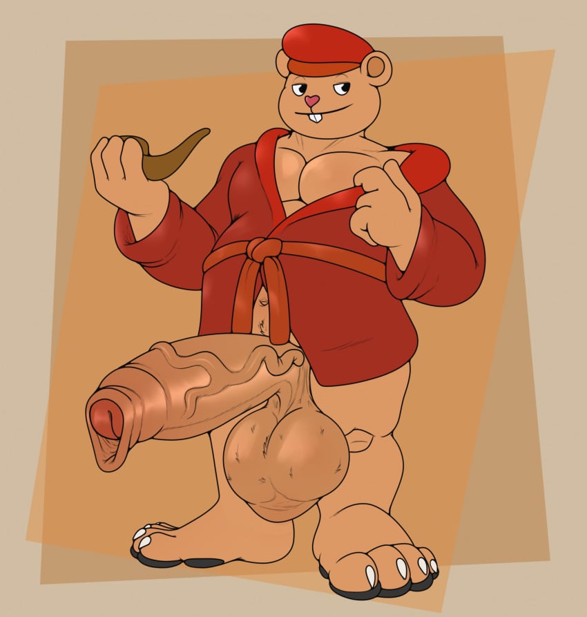 anthro balls barefoot bathrobe bear big_balls big_penis claws clothed clothing digital_media_(artwork) erection feet fur genitals happy_tree_friends hat headgear headwear hi_res huge_balls huge_cock huge_penis hyper hyper_balls hyper_genitalia hyper_penis large_penis male male_only mammal muscular overweight penile penis pipe pop_(htf) robe robe_grab rokie38 simple_background smile solo testicles_clench vein veiny_penis