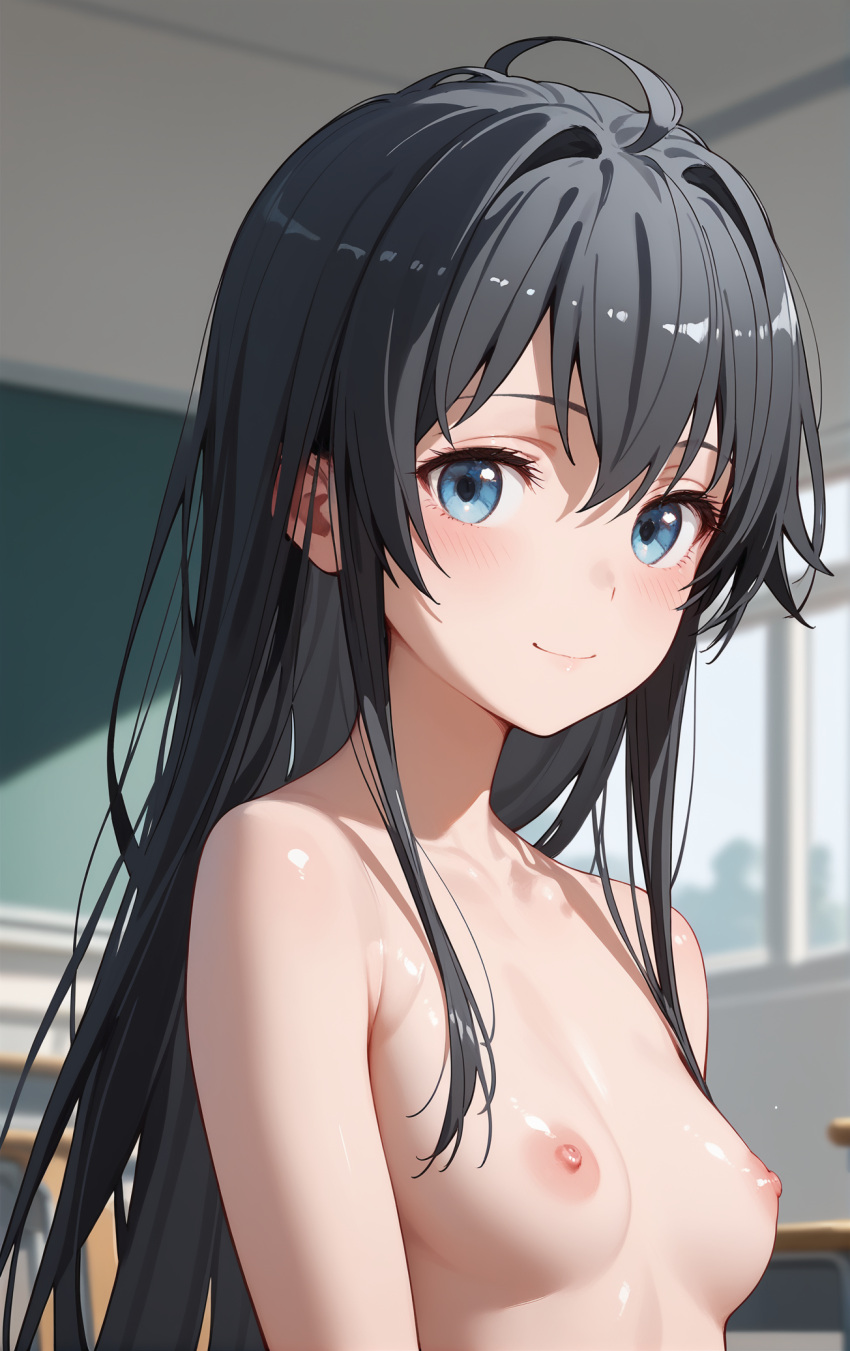 1girls black_hair blue_eyes breasts flat_chest from_side long_hair my_teen_romantic_comedy_snafu nipples nude small_breasts snowy_yukino upper_body young yukinoshita_yukino