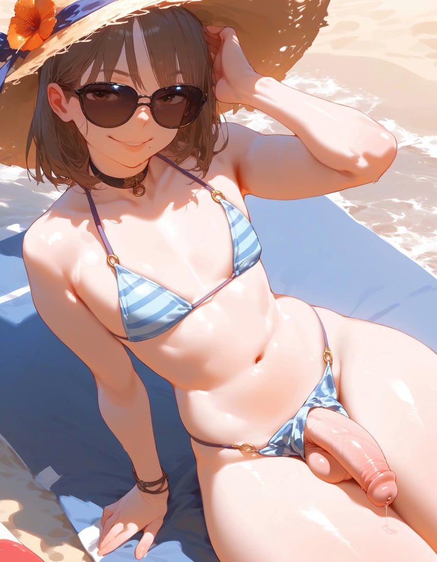 1boy ai_generated beach beach_towel bikini femboy feminine_male flat_chest gomes large_penis looking_at_viewer mole_under_mouth original outdoors precum self_upload smile solo sunglasses sunhat thick_thighs tinted_eyewear