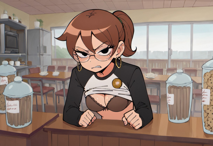 ai_generated angry angry_face bigmic145 bra breasts brown_hair cleavage clenched_fist clothed clothed_female clothing female female_only glasses hoop_earrings julie_powers looking_at_viewer ponytail scott_pilgrim scott_pilgrim_takes_off solo_female