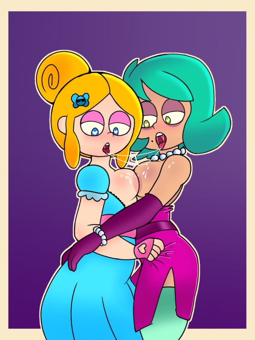 2024 2girls after_kiss blonde_hair blue_dress blue_eyes blush brawl_stars comission dark_green_eyes fingerless_gloves gloves green_hair green_stockings hair_bun hair_ornament heart-shaped_pupils horny_jalapeño kissing lesbian_kiss lola_(brawl_stars) makeup mole pearl_bracelet pearl_necklace piper_(brawl_stars) purple_armwear purple_dress saliva saliva_string saliva_trail simple_background tan_body tongue_out topless white_skin yuri