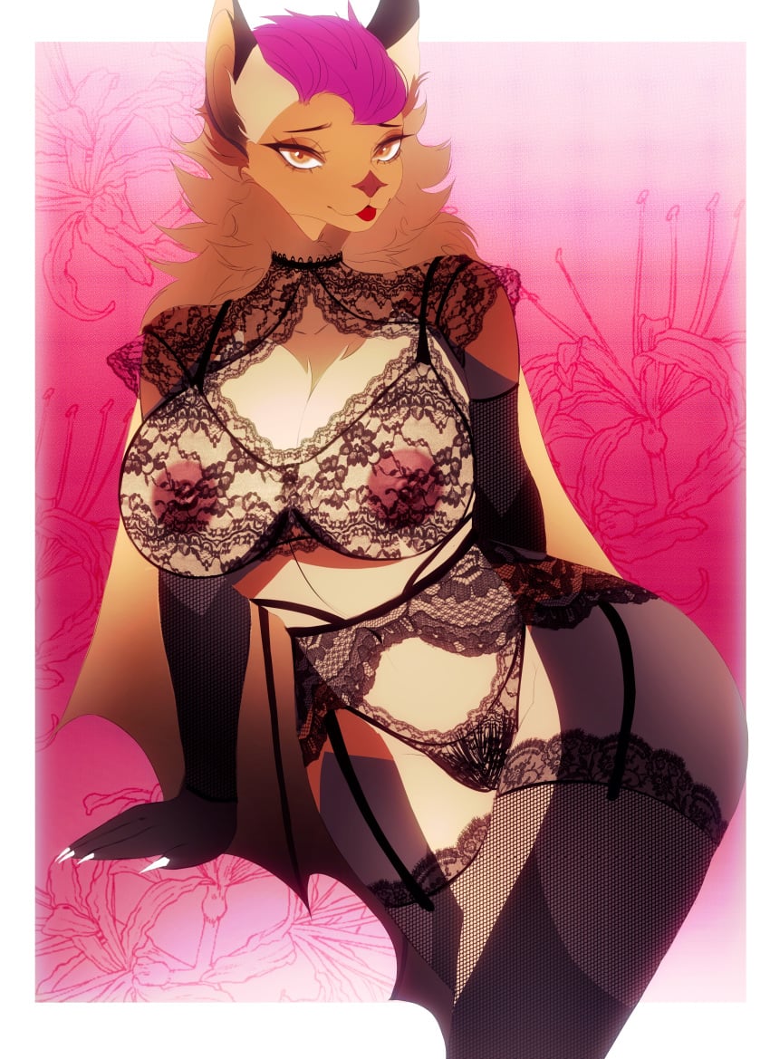 absurd_res anthro aroused bat bra clothing female female/female fluffy genitals hi_res invalid_tag lace lace_stockings legwear lingerie mammal mantle nipples nsfw oxygeni panties patterns pussy semi-through_briefs solo stockings suspender underwear ych