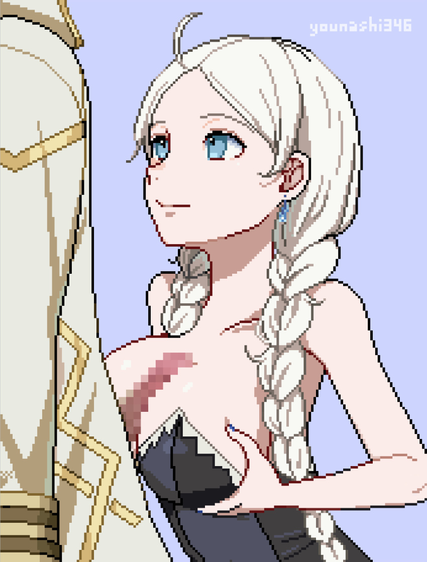 1boy 1girls ahoge alternate_costume animated bare_arms bare_shoulders blue_eyes blue_nails braid breasts censored cleavage closed_mouth collarbone commission couple covered_navel crystal_earrings deep_skin earrings erection female female_focus fire_emblem fire_emblem_fates fire_emblem_heroes hair_over_shoulder highres hooded_robe jewelry kiran_(fire_emblem) kiran_(male)_(fire_emblem) large_breasts long_hair low_twin_braids low_twintails male mosaic_censoring nail_polish nina_(fire_emblem) nina_(thief)_(fire_emblem) nintendo non-web_source official_alternate_costume paizuri parted_bangs penis pixel_art robe shoulders skeb_commission smile solo_focus straight twin_braids twintails very_long_hair white_hair white_robe younashi_346