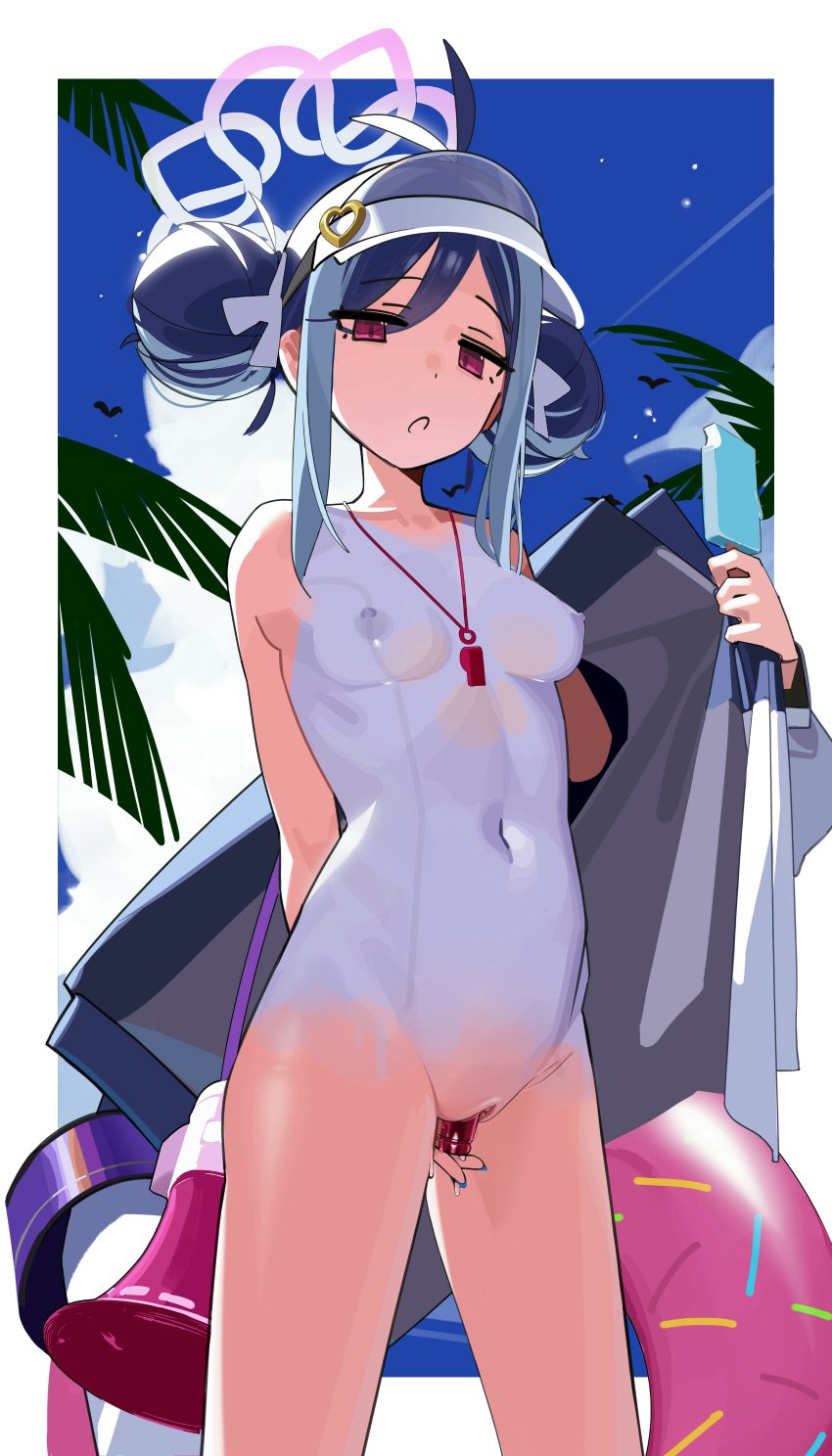 absurdres ahoge arm_behind_back artist_request blue_archive blue_hair blue_nails bodypaint border breasts clitoris double_bun female food fubuki_(blue_archive) fubuki_(swimsuit)_(blue_archive) hair_bun halo highres innertube jacket long_hair looking_at_viewer masturbation megaphone multicolored_hair navel nipples object_insertion open_mouth painted_clothes popsicle purple_eyes pussy pussy_juice red_eyes small_breasts solo swim_ring two-tone_hair uncensored vaginal_object_insertion vaginal_penetration visor_cap whistle whistle_around_neck white_border