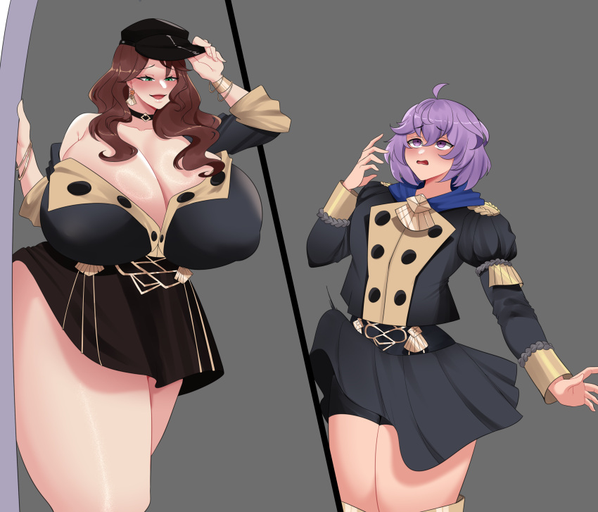 1futa 1girls bernadetta_von_varley blush boots breast_awe breasts choker cleavage clothed clothing covered_nipples dorothea_arnault duo erection erection_under_clothes female fire_emblem fire_emblem:_three_houses fully_clothed futanari garreg_mach_monastery_uniform gigantic_breasts guabeyo hat human light_skin messy nintendo nyabeyo off_shoulder penis shorts small_breasts smaller_futanari tenting thick_thighs venus_body voluptuous