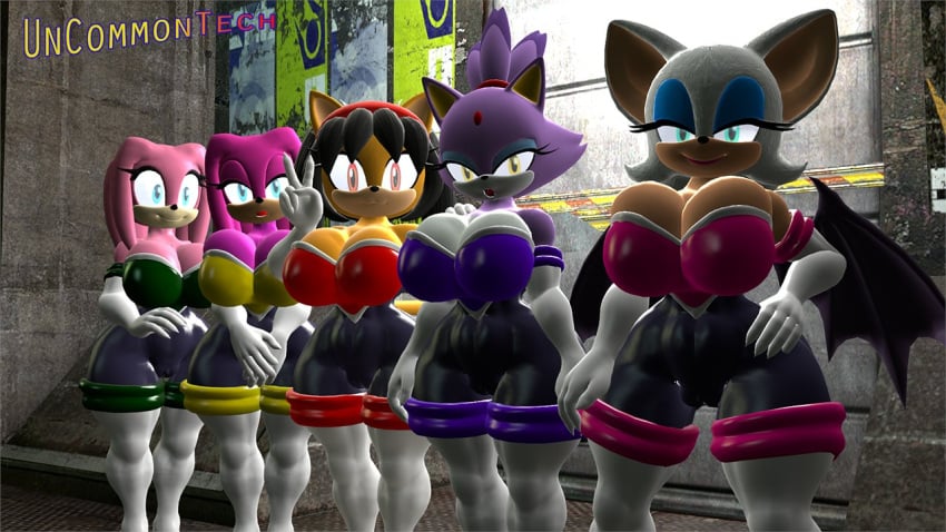 3d 5girls bat_wings big_breasts black_hair blaze_the_cat blue_eyes cleavage fan_character honey_the_cat large_breasts oc orange_eyes pink_hair purple_hair rco810 rouge_the_bat rouge_the_bat_(cosplay) sonic_(series) sonic_oc sonic_the_hedgehog_(series) thigh_boots uncommontech white_hair wide_hips wings yellow_eyes