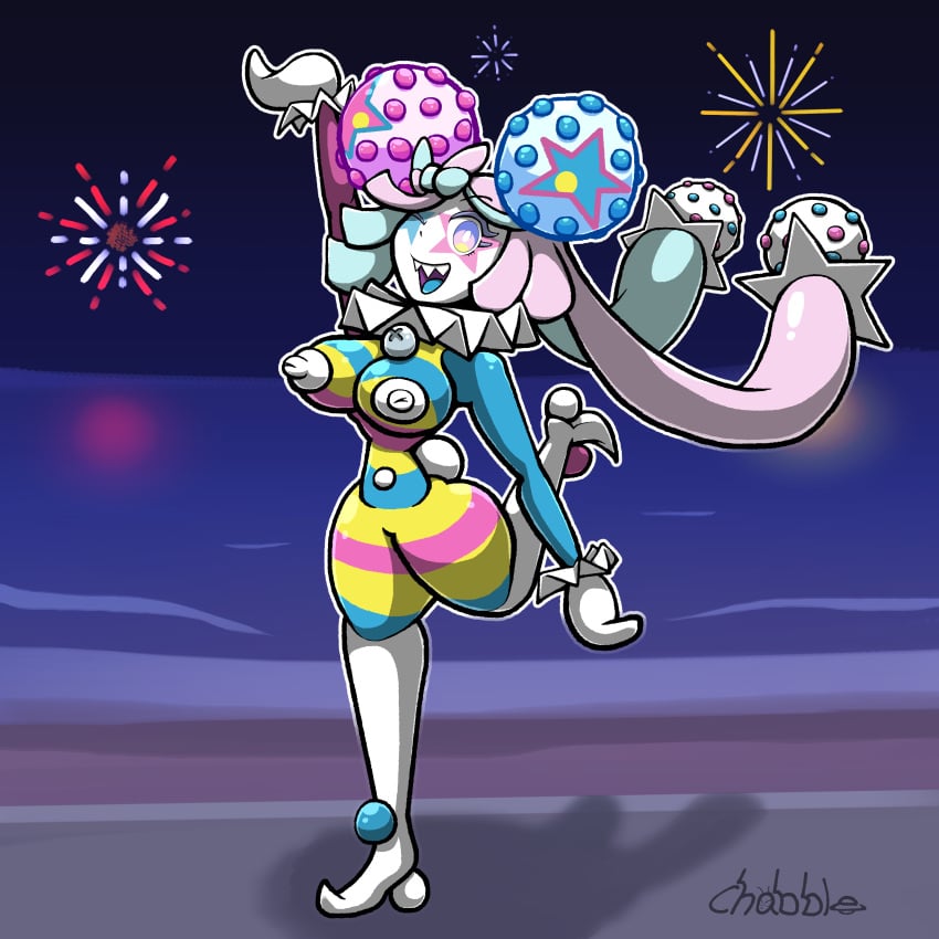 beach blacephalon blue_hair chabble clown clown_girl fireworks iono_(pokemon) multicolored_hair ocean pink_hair pokemon pokemon_(species) pokemon_sm pokemon_sv pokemorph post_transformation star_wars transformation white_nipples