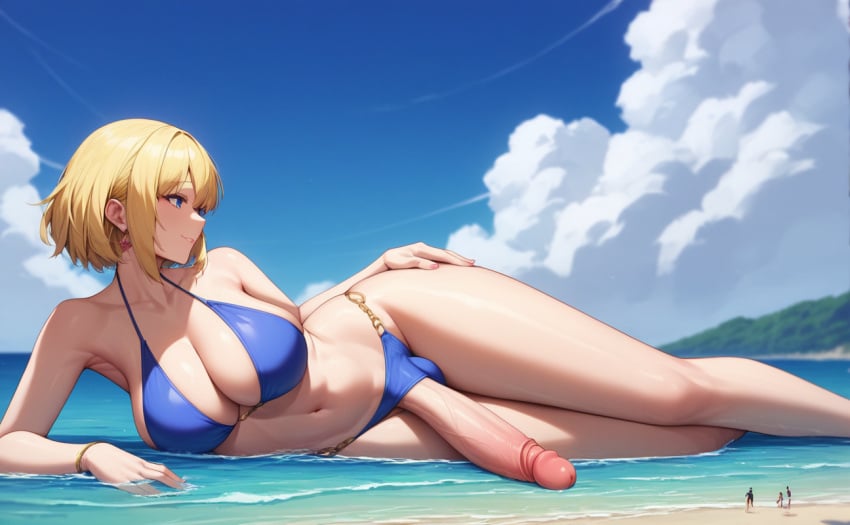 1futa ai_generated beach big_breasts big_penis bikini bikini_bottom bikini_top blonde_hair erect_penis erection futa_only futa_sans_pussy futanari giant_cock giantess hand_on_hip huge_cock laying_down laying_on_side ocean penis sea seaside short_hair size_difference spalela thick_thighs