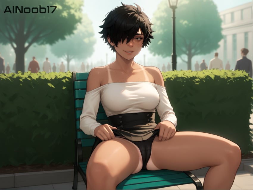 1girls ai_generated ainoob17 cameltoe dark_hair female flashing freckles original_character pantyshot_(sitting) public short_hair solo solo_female spread_legs stable_diffusion taina taina_(original_character) tan_body tanline tomboy