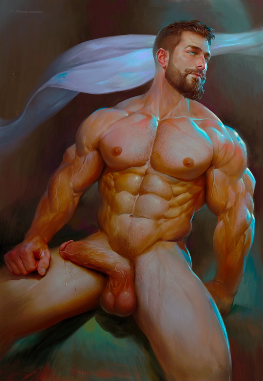 1boy abs balls bara beard biceps big_balls big_penis daddy erection male male_nipples male_only manly mature_male muscular_male nipples nude pecs penis qai_san