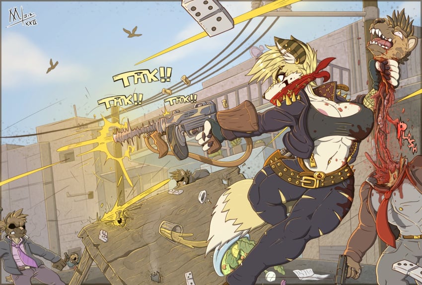 alternative_fashion anthro bandana belt big_breasts blood blood_splatter bodily_fluids breasts canid canine canis claws clothed clothing decapitation ear_piercing ear_ring female fight fur gold_(metal) gold_jewelry gore gun gunshot hi_res hyena jewelry kerchief killing machine_gun mammal meatboom onomatopoeia pain piercing punk ranged_weapon ring_piercing skimpy skimpy_topwear smile smirk sound_effects spiked_clothing spikes spilled_drink submachine_gun text thompson_gun tight_clothing violence weapon wolf yellow_body yellow_fur