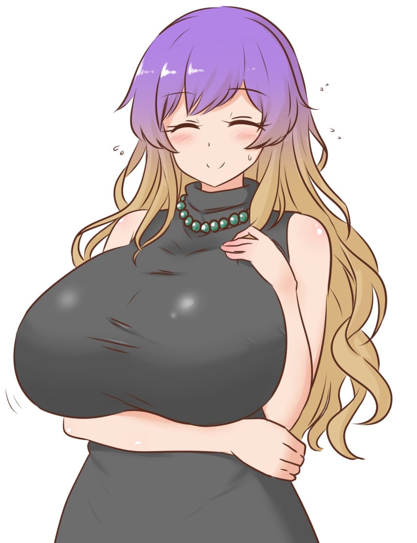 1girls big_breasts black_dress breasts closed_eyes clothed_female hijiri_byakuren light-skinned_female long_hair mature_female mizusoba multicolored_hair not_porn purple_hair smile solo solo_female touhou white_background yellow_hair