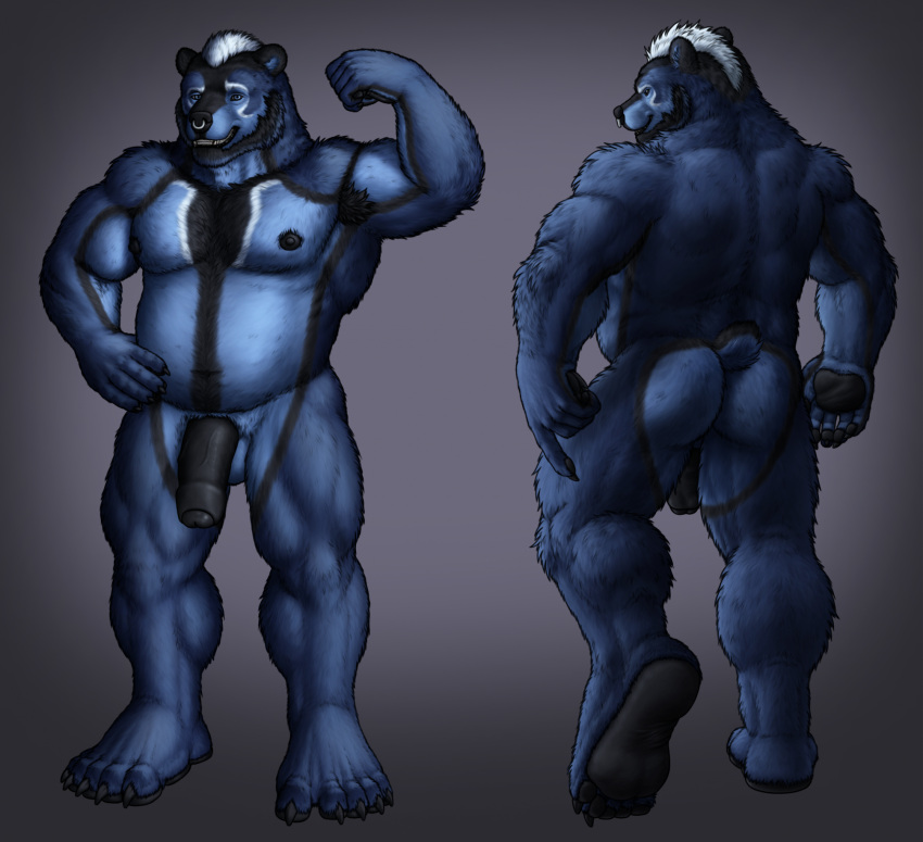 5_fingers 5_toes anthro armpit_hair ass backsack balls barazoku bear bear_tail beard big_arms big_chest big_feet big_legs big_muscles black_body black_fur black_hair black_lips black_nipples black_nose black_pawpads black_penis blue_body blue_eyes blue_fur blue_hair body_hair broad_shoulders claws digital_drawing_(artwork) digital_media_(artwork) facial_hair facial_piercing feet finger_claws fingers flexing flexing_bicep foreskin front_view full_foot_pawpads fur genitals hair hand_on_hip hi_res humanoid_feet humanoid_genitalia humanoid_penis lips looking_at_viewer male mammal markings model_sheet multicolored_beard multicolored_body multicolored_facial_hair multicolored_fur multicolored_hair musclegut muscular muscular_anthro muscular_male nipples nose_piercing nose_ring nude pawpads penis piercing plantigrade raised_foot rear_view ring_piercing shaded sidmonthebear simple_background slightly_chubby smile soft_shading soles solo standing stocky tail thick_neck thick_penis thick_thighs toe_claws toes toothy_smile ursidae ursine vein veiny_penis white_hair white_markings