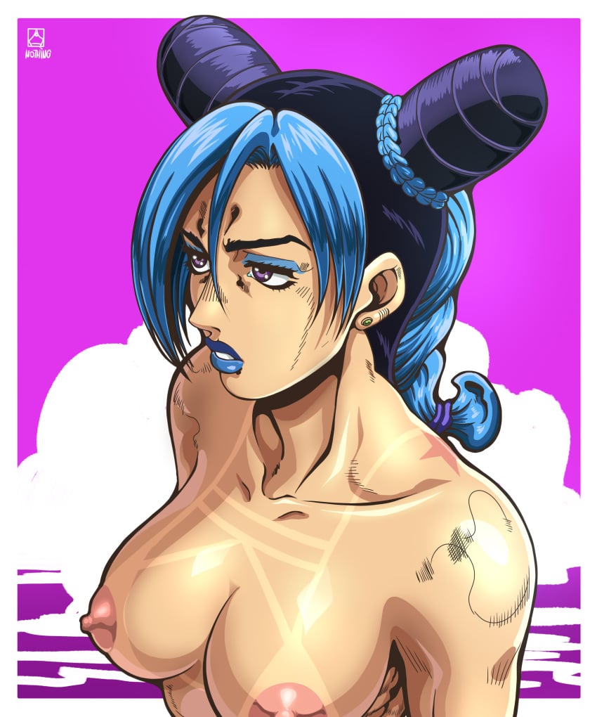 1girls alternate_color alternate_version_available anime_style background beach blue_hair blue_lipstick bored bored_expression cloud female hair_ribbon joestar_birthmark jojo's_bizarre_adventure jolyne_kujo lips lipstick makeup multicolored_hair muscular new_epic_artist nipples nude nude_female one_color_background pale-skinned_female pale_skin pink_nipples ponytail reflective_body shiny_skin stone_ocean tanned tanned_female tanned_skin toned toned_female topless