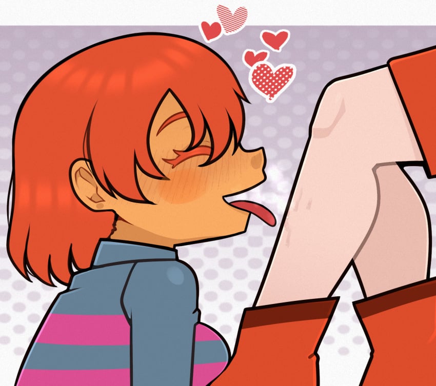 1other 2girls blush chara chara_(undertale) charisk closed_eyes clothing female frisk frisk_(undertale) heart high_resolution multiple_girls open_mouth orange_hair polka_dot red_hair shirt short_hair smile solo_focus steca striped striped_shirt tagme thelazyart tongue tongue_out undertale undertale_(series)