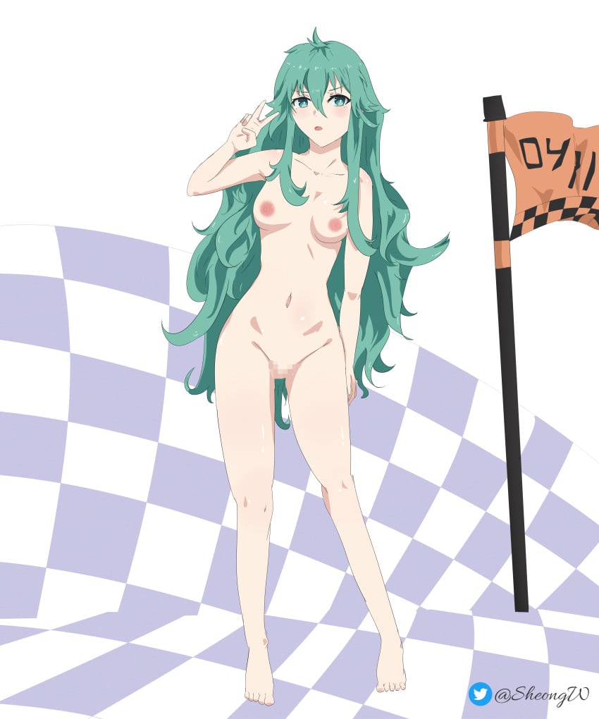 breasts censored censored_pussy date_a_live datealive full_body green_eyes green_hair legs long_hair natsumi_(date_a_live) sheong_wong white_skin