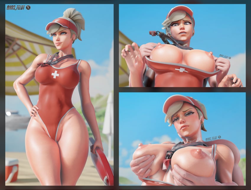 1boy 1girls 3d angela_ziegler beach big_breasts blizzard_entertainment blonde_hair blue_eyes breast_grab breasts breasts_out comic female hasfeldt hat lifeguard_mercy light-skinned_female light-skinned_male light_skin male mercy overwatch overwatch_2 ponytail swimsuit swiss swiss_female watermark wide_hips