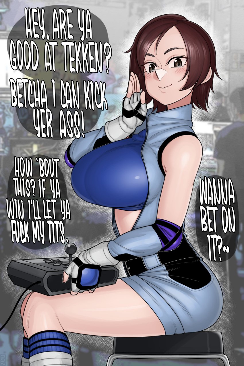 arcade_stick asuka_kazama bet big_ass big_breasts ekz ekz_(robotekz) female female_only huge_breasts kazama_asuka talking_to_viewer tekken tekken_8 thick_thighs tight_clothing