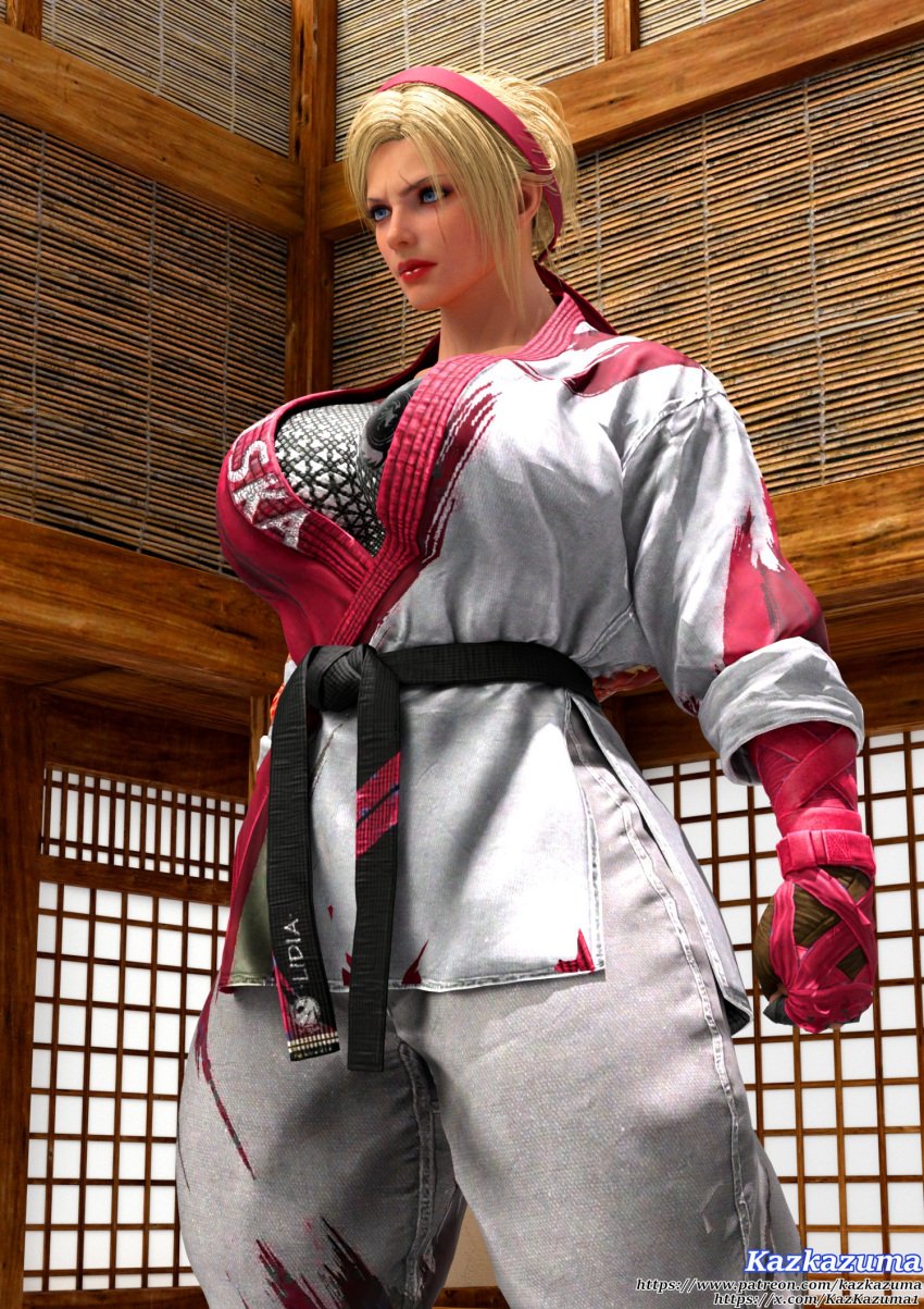 1girls 3d alternate_version_available big_breasts blue_eyes female female_only fully_clothed gi huge_breasts karate_gi kazkazuma lidia_sobieska muscular muscular_female namco solo standing tekken tekken_8 thick_thighs