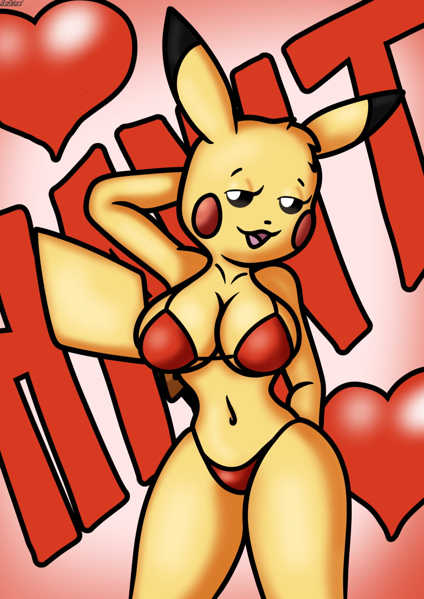 absurd_res anthro bikini breasts brokenrekordbro clothing english_text female fur furry generation_1_pokemon half-closed_eyes heart_symbol hi_res mammal narrowed_eyes navel nintendo open_mouth pikachu pokemon pokemon_(species) pokemon_snap_xxx pose red_cheeks rodent signature simple_background solo swimwear text two-piece_swimsuit yellow_body yellow_fur