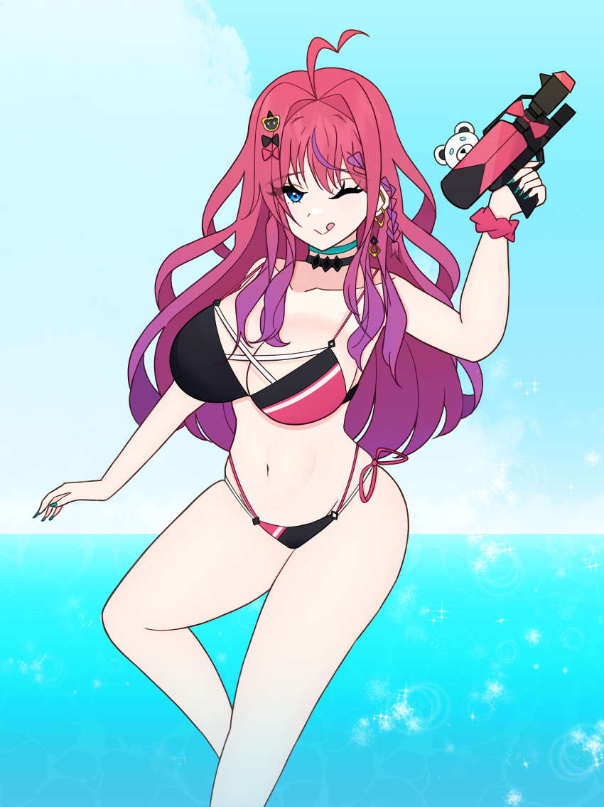 absurdres ahoge beach bikini blue_eyes bow breasts collarbone esttea female gradient_hair hair_ornament hair_ribbon hairbow hairclip highres jewelry kuramochi_meruto large_breasts legs long_hair multicolored_hair navel necklace nijisanji pink_hair purple_hair red_hair ribbon sky summer swimsuit tongue tongue_out virtual_youtuber water water_gun