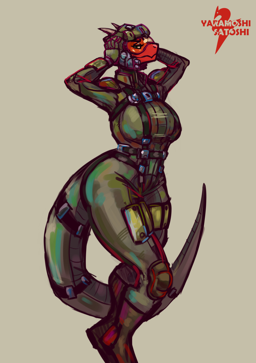 2024 absurd_res accessory anthro armor armored_core_(series) ass belt belt_buckle big_breasts big_butt big_tail boots breasts buckle clothed clothing digital_drawing_(artwork) digital_media_(artwork) digital_painting_(artwork) digitigrade eyeshadow female flight_helmet flight_suit footwear fully_clothed furgonomics headgear helmet hi_res holding_head horn jumpsuit lizard looking_at_viewer makeup orange_visor padding pilot pilot_helmet pilot_suit pose posed reptile scalie shoes simple_background smile smiling_at_viewer smirk smirking_at_viewer smug smug_face solo tail tail_accessory tail_belt thick_thighs thighs_together wide_hips xil-bar yaramoshi_satoshi