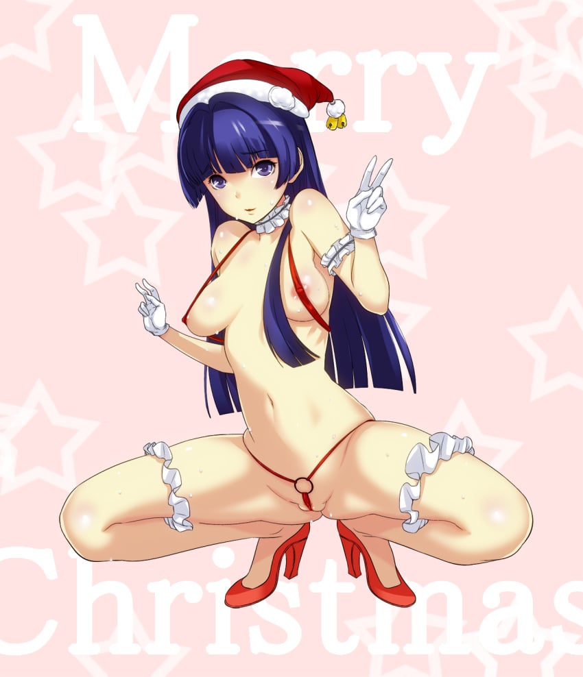 akisu_karasu bare_shoulders bell bikini blue_eyes blue_hair breasts christmas female gloves hat high_heels highres hirose_sumire long_hair looking_at_viewer matching_hair/eyes micro_bikini navel perky_nipples petite petite_body petite_breasts petite_female saki_(manga) santa_hat solo squatting swimsuit v white_gloves