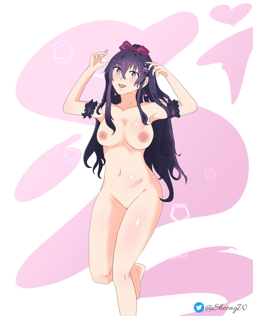 breasts date_a_live female legs long_hair naked nipples purple_eyes purple_hair sheong_wong smile yatogami_tohka