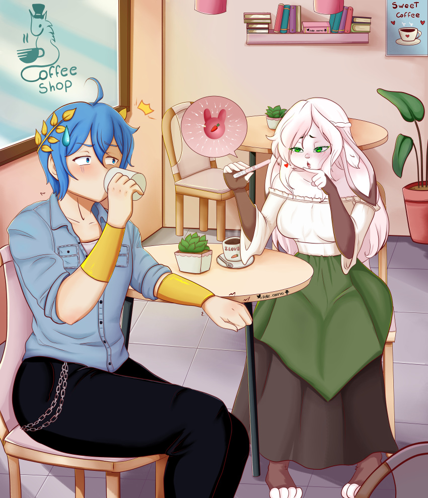 1boy1girl 4_toes anthro_bunny anthro_female barefoot barmaid bashful blue_eyes_male blue_hair_male blushing clothed coffee_shop collar_tag commission crown_braid cute_female drinking_coffee feliz_cuervo floppy_ears furry_female golden_bracelets golden_laurels green_eyes_female happycrowtavern heart_symbol highres human/furry humanoid_female liabelle_larue light-skinned_male long_hair_female male/female multicolored_fur non_canon original original_characters ovum pink_fur pink_hair_female pregnancy_revealed pregnancy_test rabbit_ears rabbit_feet rabbit_girl rabbit_nose serayoth_freki short_hair_male smooth_fur sperm_cell surprised_expression sweatdrop worried_expression ♡