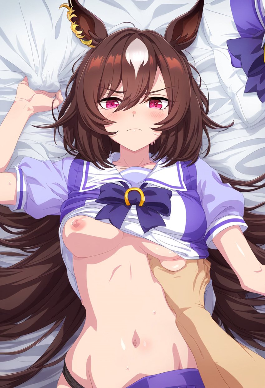 ai_generated animal_ears brown_hair female horse_girl long_hair markings markings_on_head red_eyes sirius_symboli_(umamusume) umamusume umamusume_pretty_derby