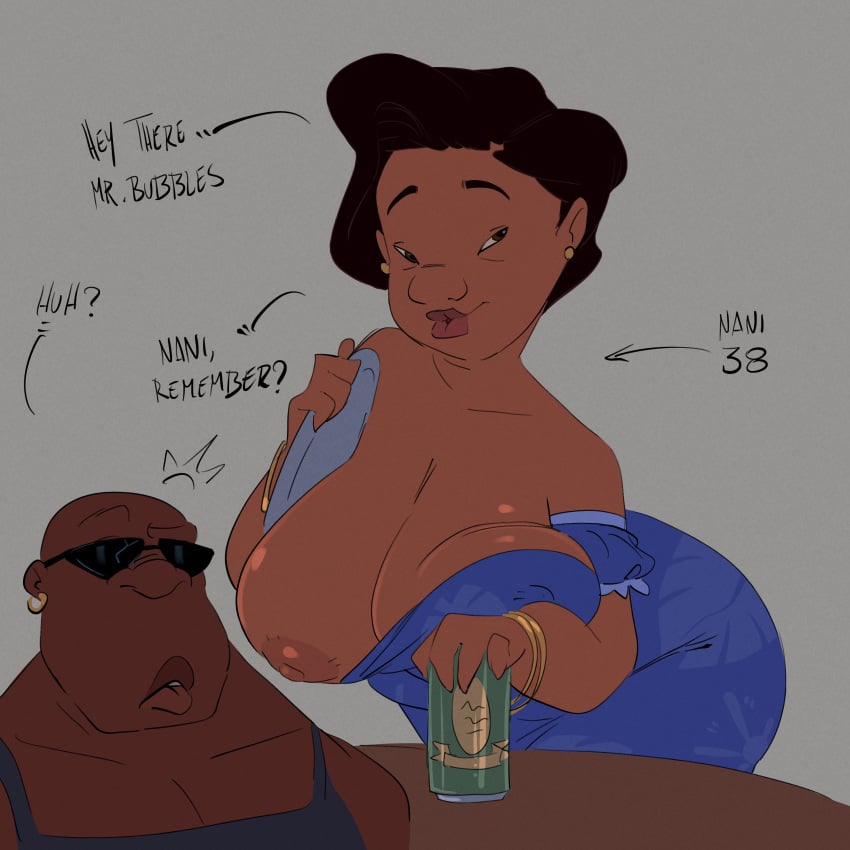 1boy 1girls aged_up bald big_breasts black_hair cobra_bubbles dark-skinned_female dark-skinned_male dark_skin dialogue disney english_text female huge_breasts lilo_and_stitch mature_female nani_pelekai pokachu_(artist) sunglasses voluptuous_female