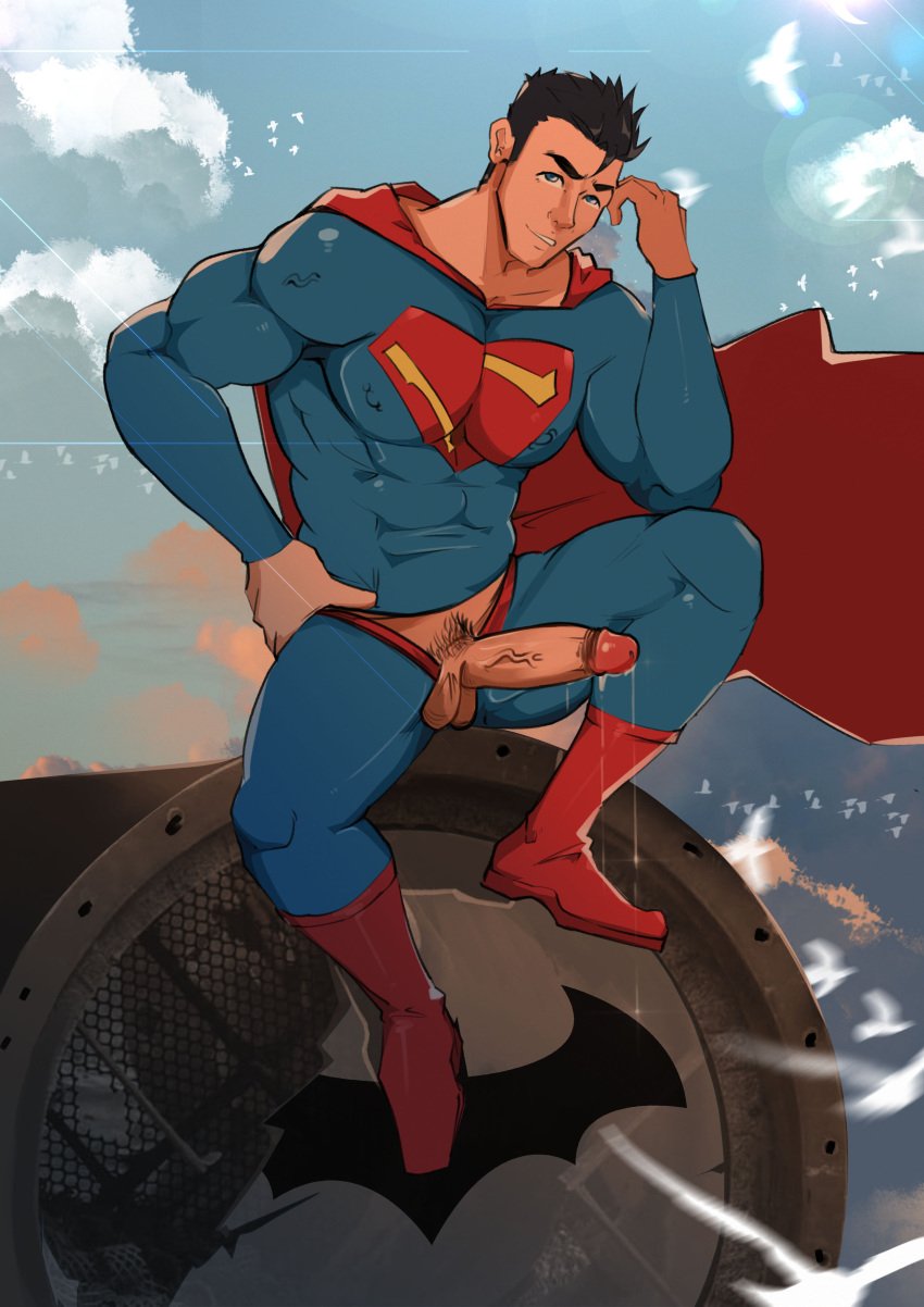 balls bara big_balls big_penis black_hair blue_eyes bulge clark_kent clark_kent_(my_adventures_with_superman) clothing dc dc_comics erection hanamuransfw male male_only muscular_male my_adventures_with_superman penis precum precum_drip superhero superman superman_(series) tight_clothing