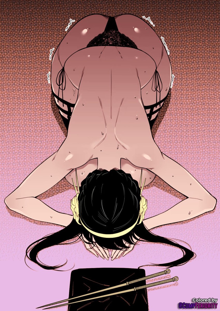 1girls ass bare_back big_breasts black_hair black_thong bow bowing breasts butt colored dark_hair dat_ass dogeza fan_(f.w.zholic) female female_only folded_clothes hips human large_breasts long_hair mature_female no_bra on_all_fours panties solo spy_x_family sweat sweatdrop sweating thick_thighs thighhighs thong thorn_princess topless topless_female underwear yor_briar yor_forger