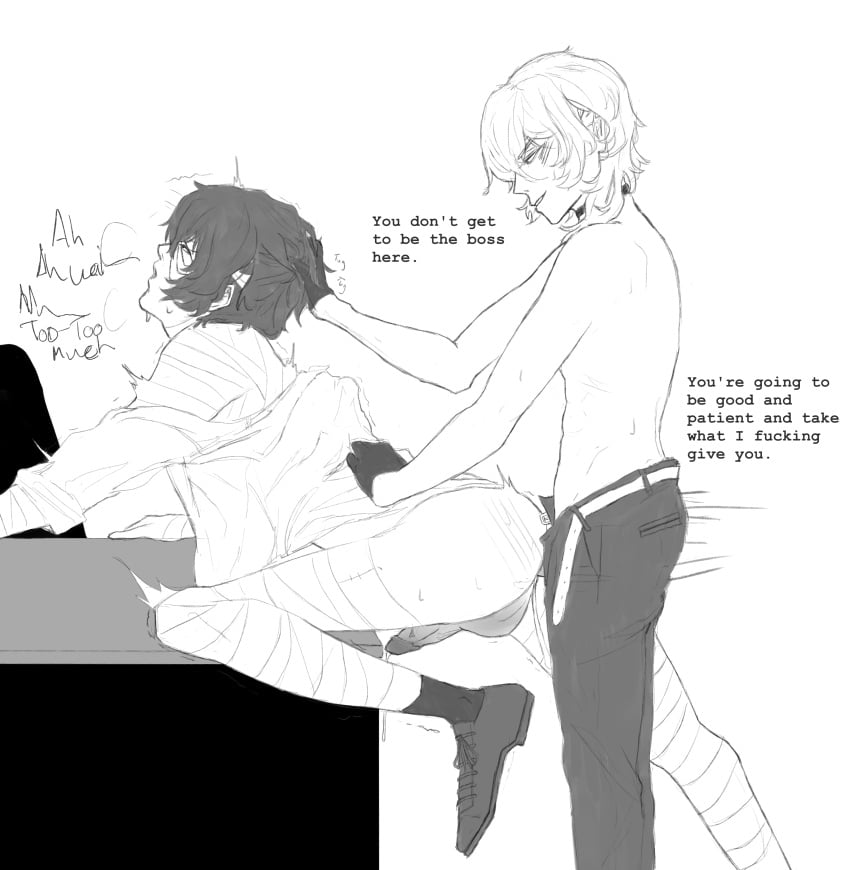 2boy 2boys bandage bandaged_arm bandages bent_over bent_over_desk bent_over_table blush bottom_dazai brat bratty_correction bsd bungo_stray_dogs bungou_stray_dogs chuuya_nakahara comic comic_page dazai_osamu glare gloves gripping_hair hair_grab male male_only male_penetrating_male males_only malesub nakahara_chuuya no_color osamu_dazai panting part_2 shirt shirt_pull shirtless_male shoes_on smirk smug smug_face socks_and_shoes soukoku sweat sweating thrusting